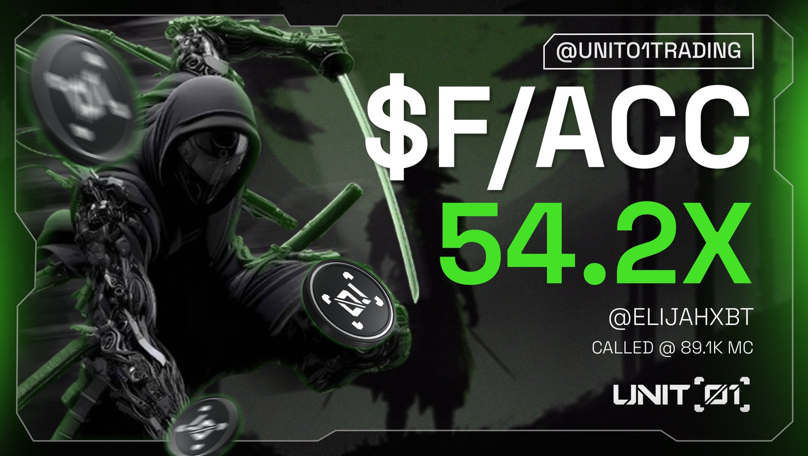 Unit 01 PnL card: $F/ACC, 54.2x, with a hooded character on a green background
