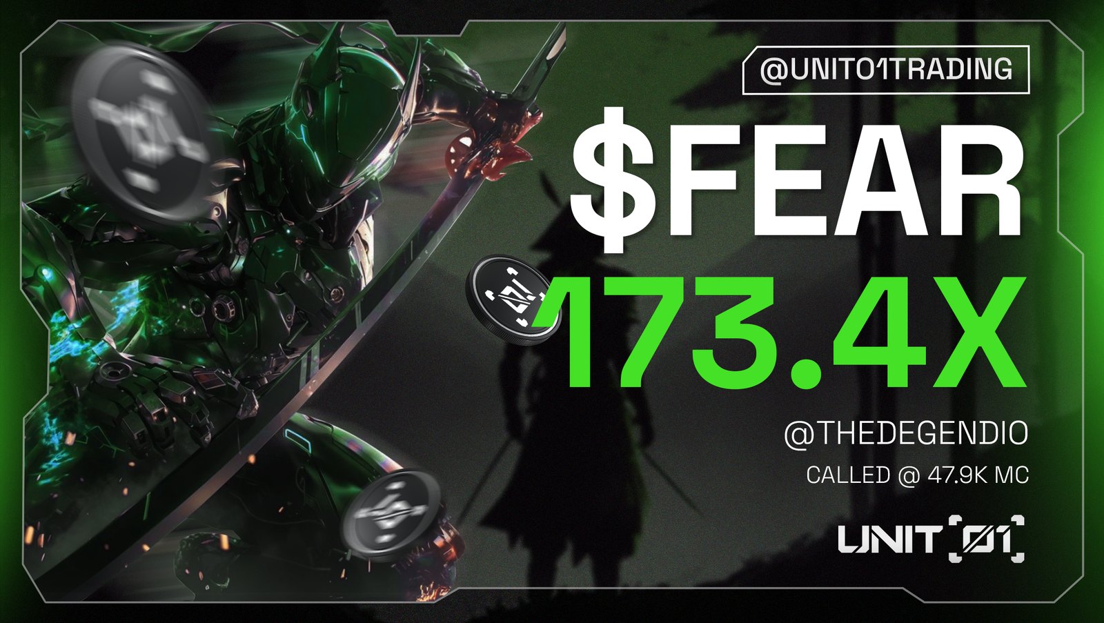 Unit 01 PnL card: $FEAR, 173.4x, with a hooded character and green crystals