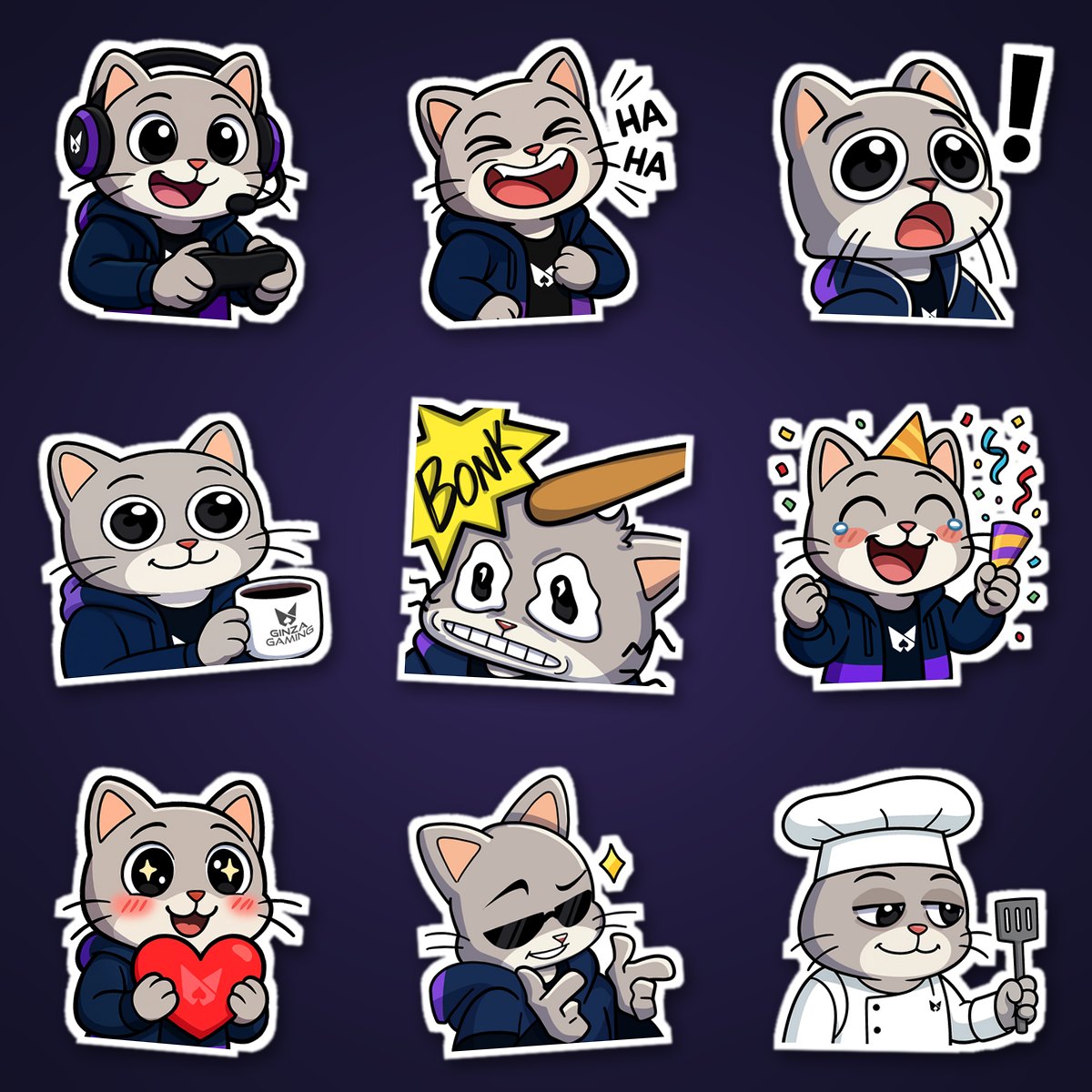 Nine Ginza Gaming cat stickers: gaming headset, laughing, shocked, coffee, bonk, party, heart, sunglasses and chef