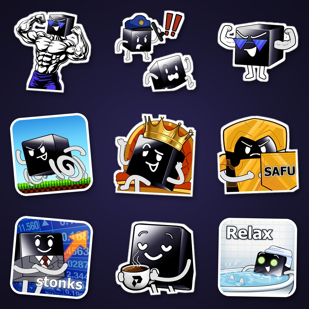 Nine PWR stickers: a black cube mascot flexing, wearing a crown, holding a SAFU shield, relaxing in a bath and more