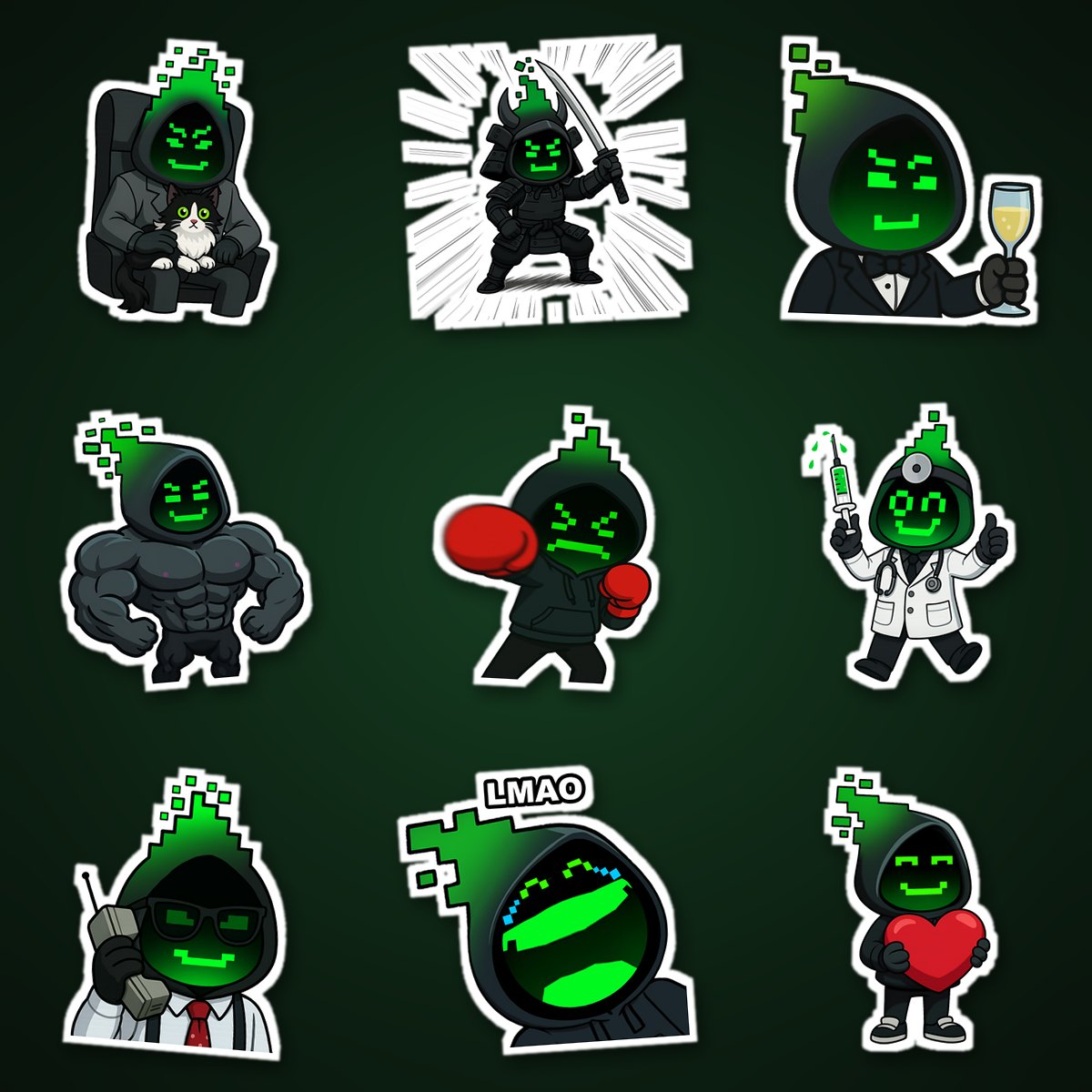 Nine Zero stickers: a hooded figure with a green pixel face as a samurai, boxer, doctor, bodybuilder and more