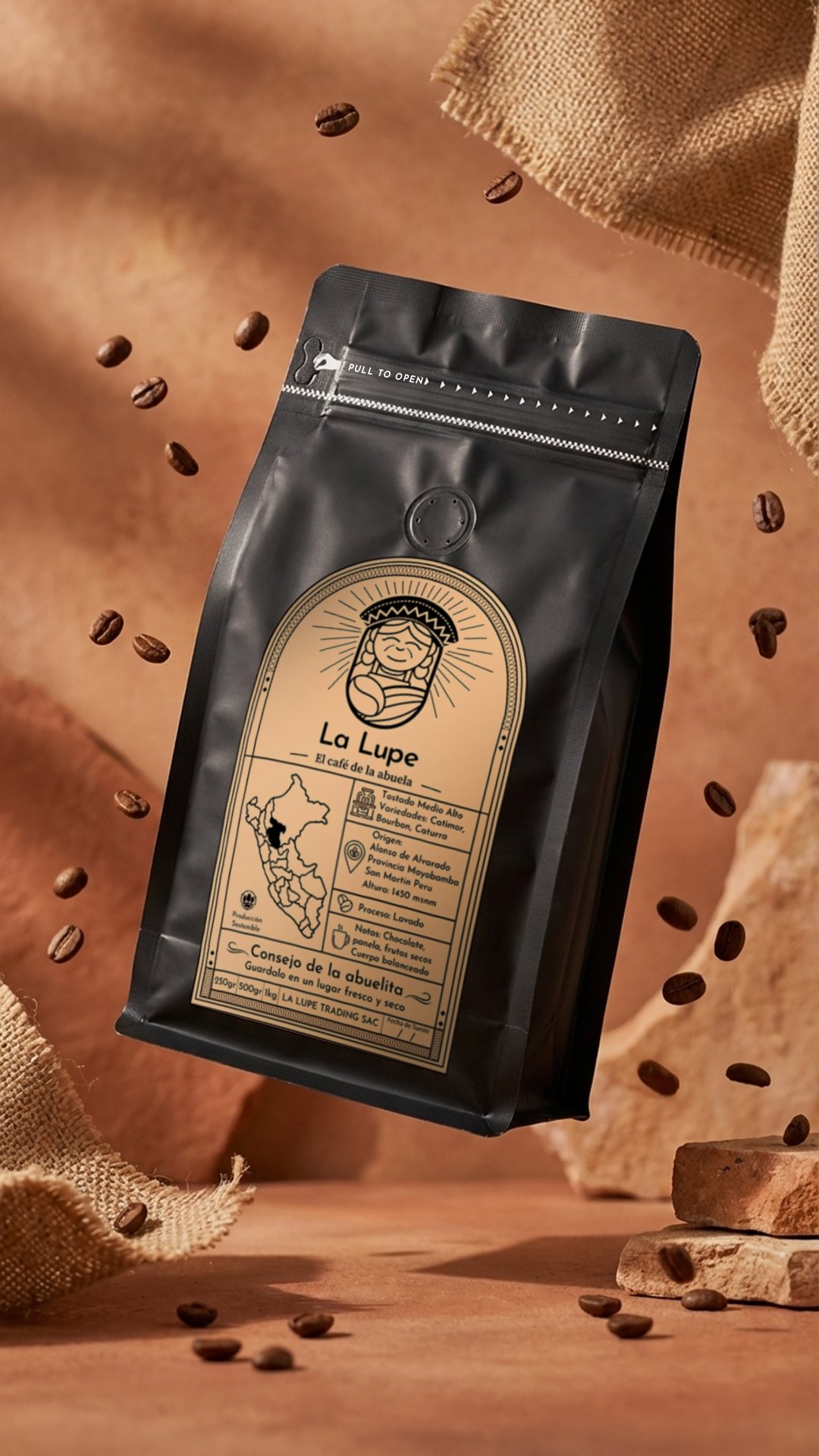 Black La Lupe specialty coffee bag floating among coffee beans on a warm background