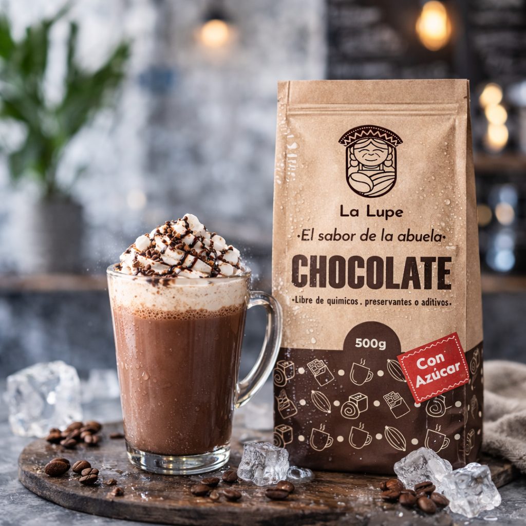 Hot chocolate with whipped cream next to a La Lupe chocolate bag