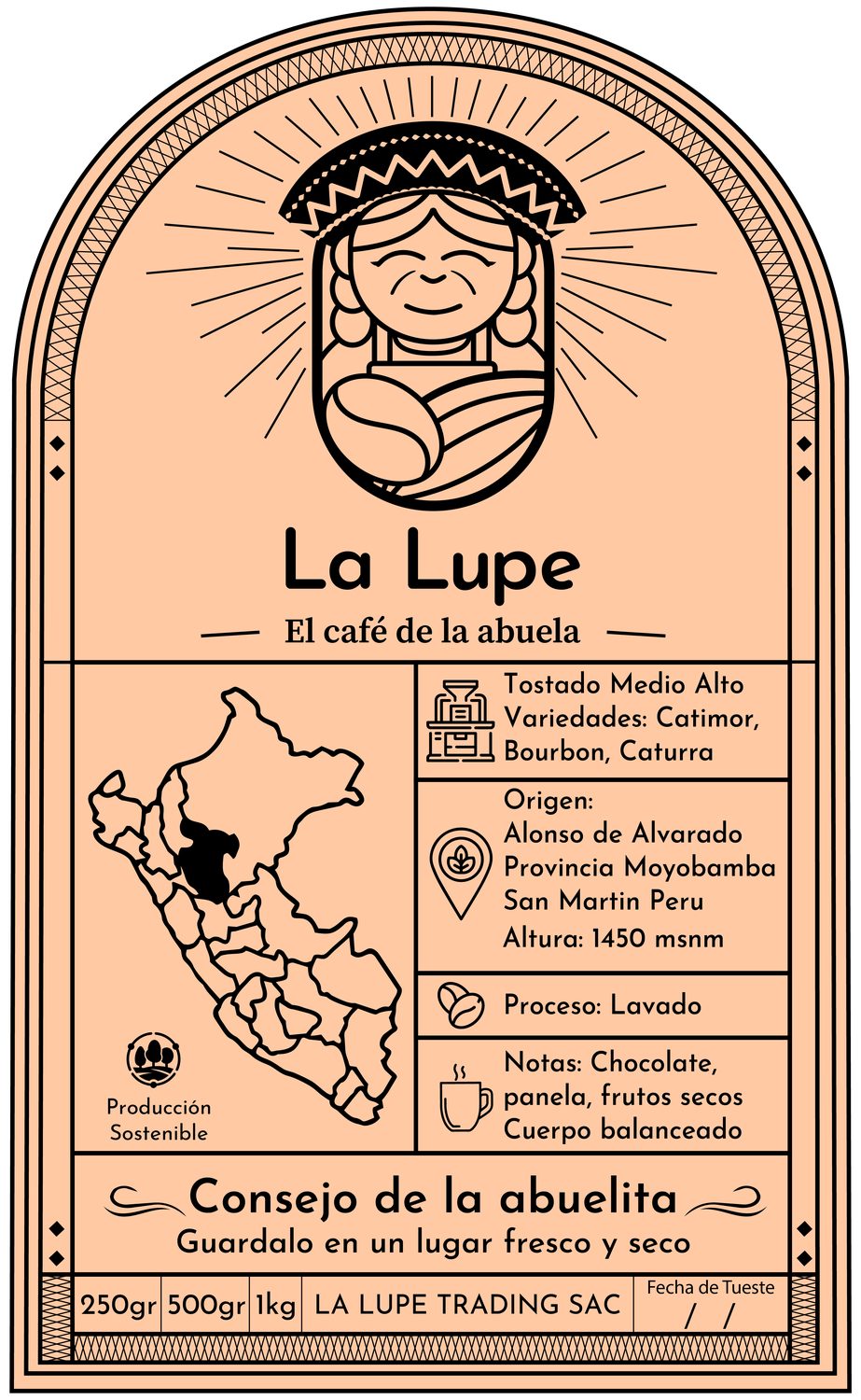 La Lupe specialty coffee label with origin map and tasting notes