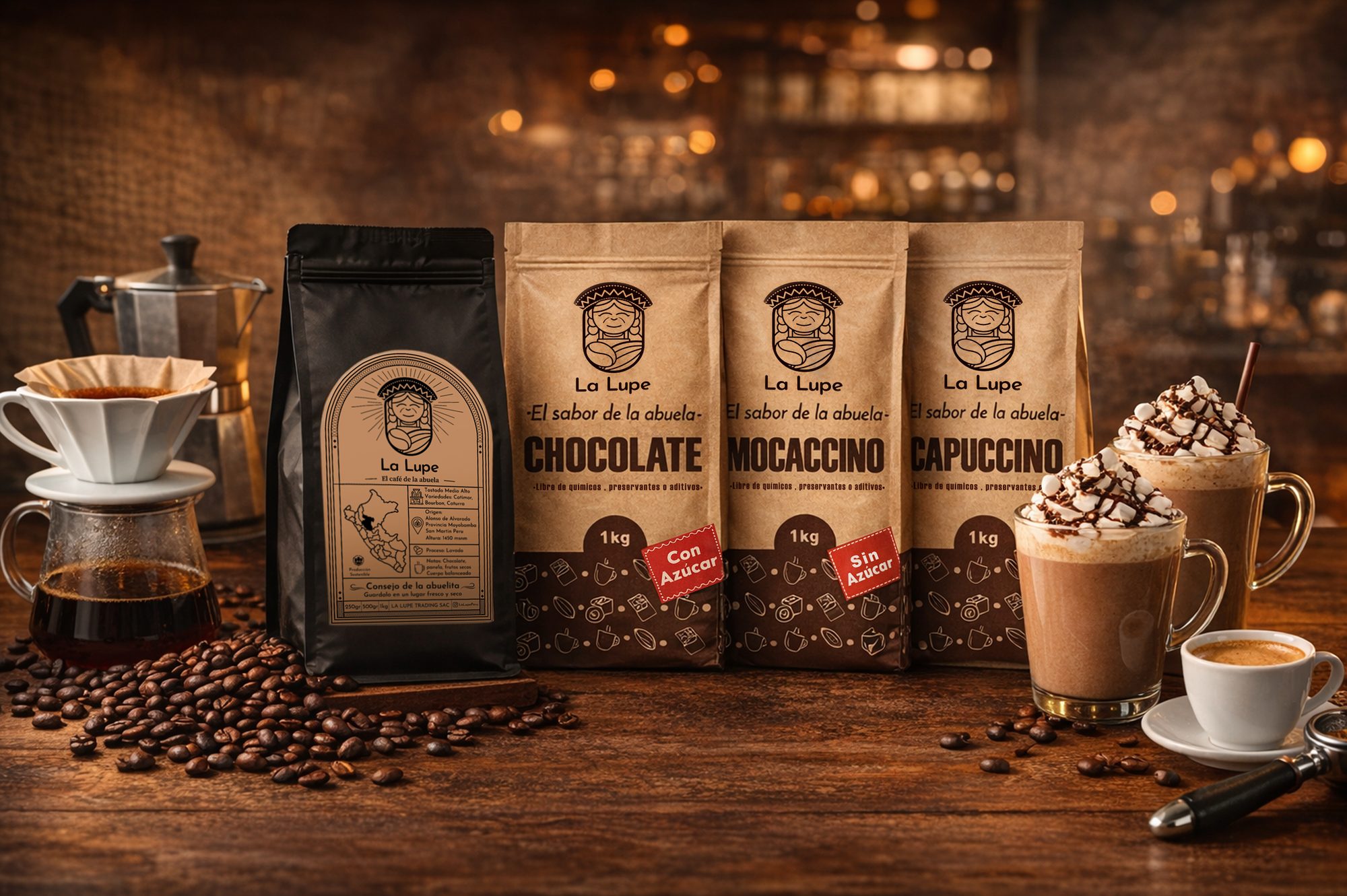 The La Lupe range: a black specialty coffee bag and kraft bags of chocolate, mocaccino and cappuccino, with brewing gear and drinks