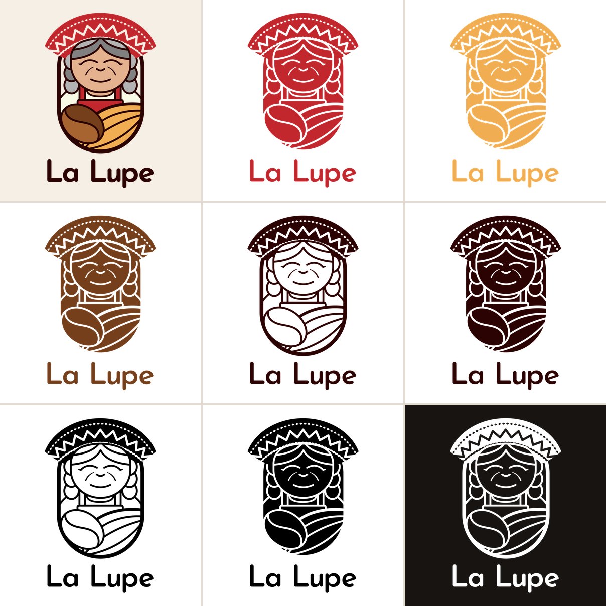 Nine versions of the La Lupe logo: full color, red, gold, brown, outline, filled, black and reversed