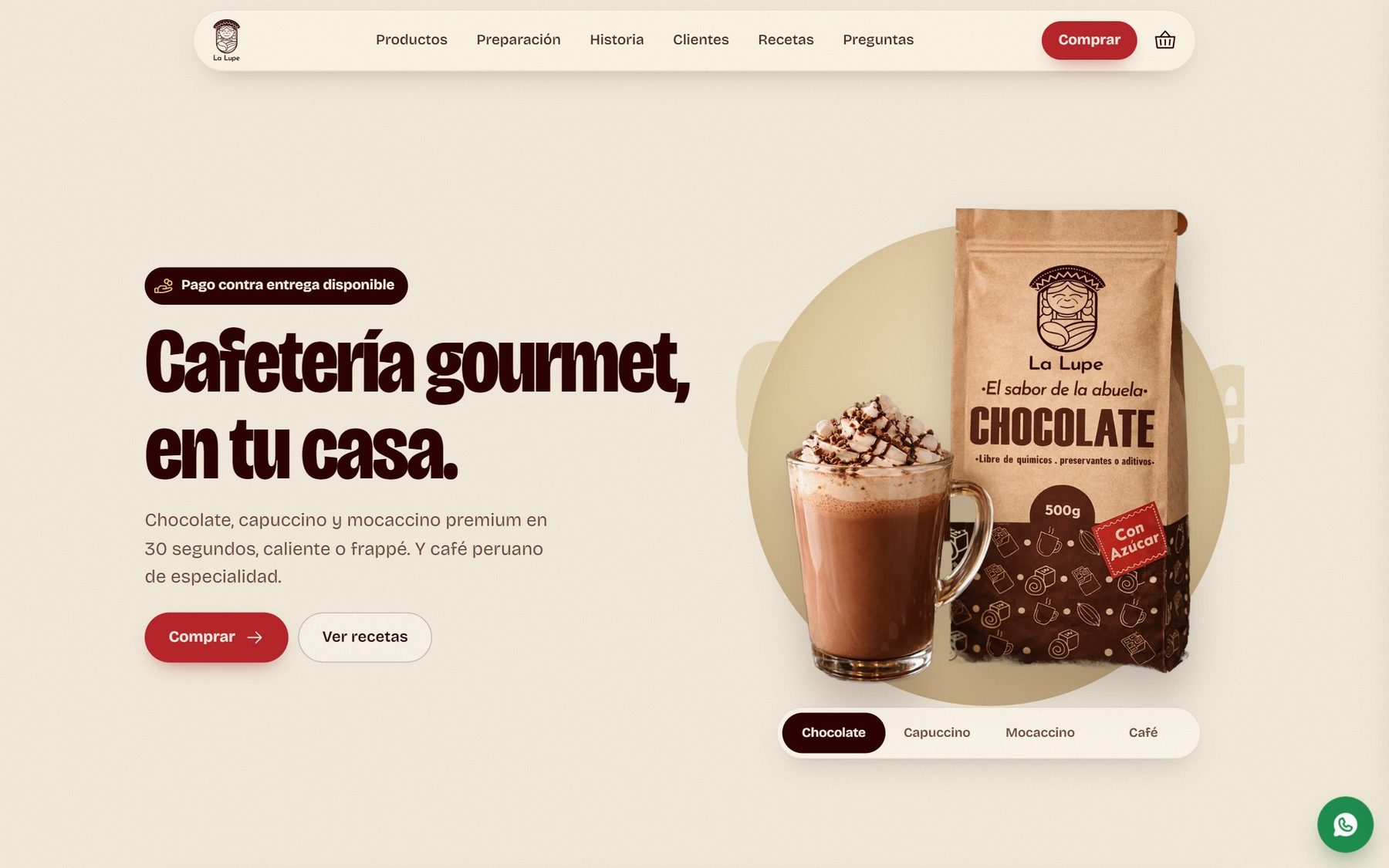 La Lupe website homepage: gourmet coffee shop at home, with a chocolate bag and mug