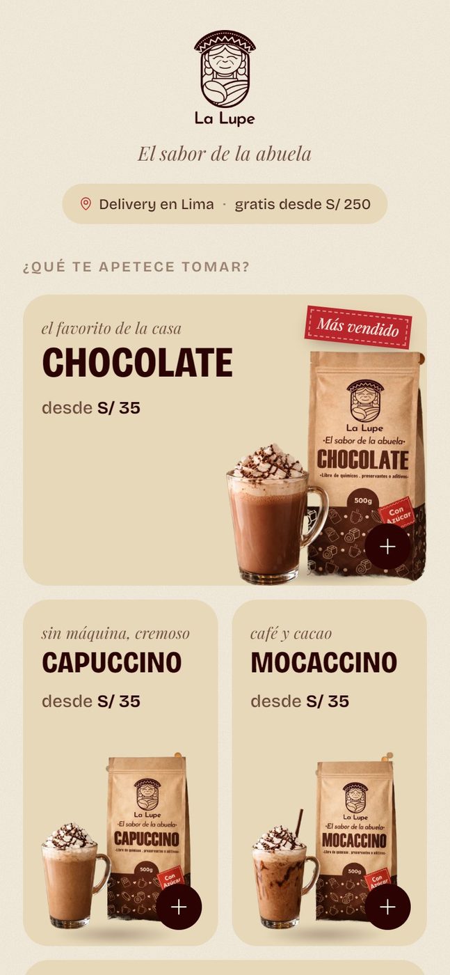 La Lupe mobile shop with product cards and prices